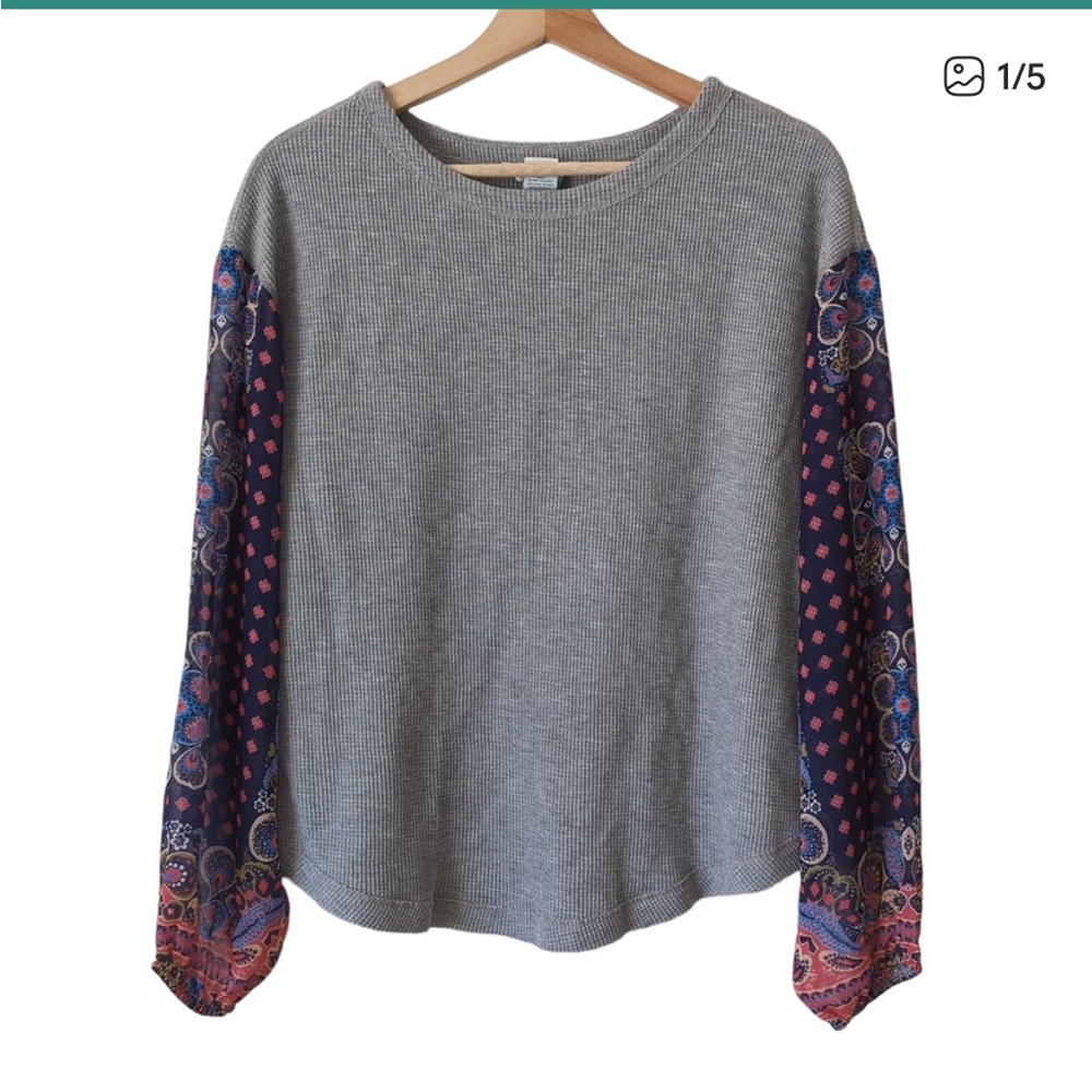 Sundance Womens Top Medium Gray Sheer Sleeve Boho Waffle Knit Long Sleeve Shirt